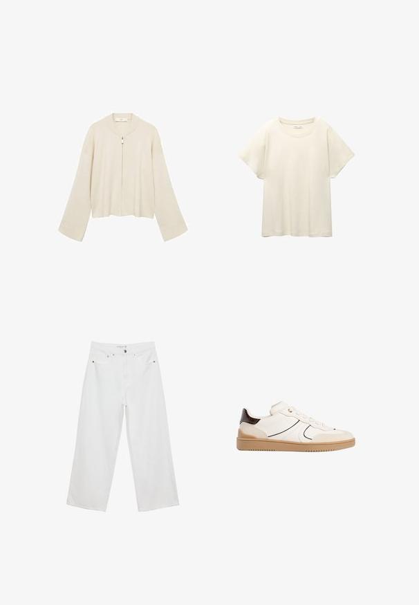 Krémový, zkrácený kardigan se zipovým uzávěrem, širokými rukávy a žebrovanými detaily podél okrajů. Měkký pletený materiál.; Svetle béžové tričko s krátkým rukávem a kulatým výstřihem, vyrobené z jemné, hladké tkaniny. Má uvolněný střih a rovný lem.; Bílé široké džíny z denimu s vysokým pasem, které mají pět kapes a kovové ozdoby. Hladký povrch, bez viditelných vzorů.; Stradivarius Tenisky - white