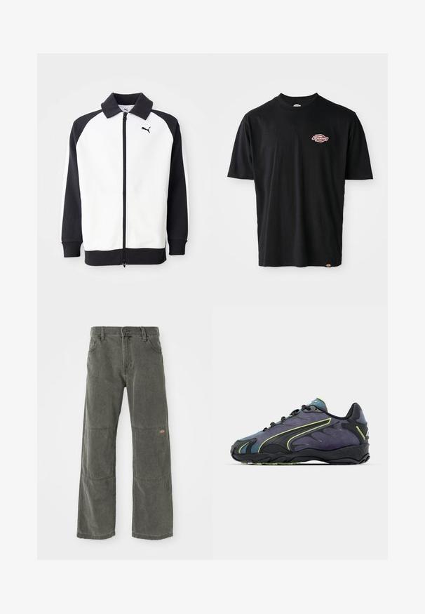Puma löpjacka med vit kropp och svarta raglanärmar, dragkedja och svart krage. Slät textur, logotypdetalj på bröstet.; Svart bomullströja med rund halsringning, korta ärmar och en liten röd och vit Dickies-logotyp på bröstet. Klassisk passform.; Mörkgrå vida byxor i slitstarkt material, med knäförstärkningar, klassisk knappstängning fram och sydda detaljer.; Svarta och lila träningsskor med en texturerad ovansida, gröna accentlinjer och en gummisula med ett vågigt mönster. Snörning.