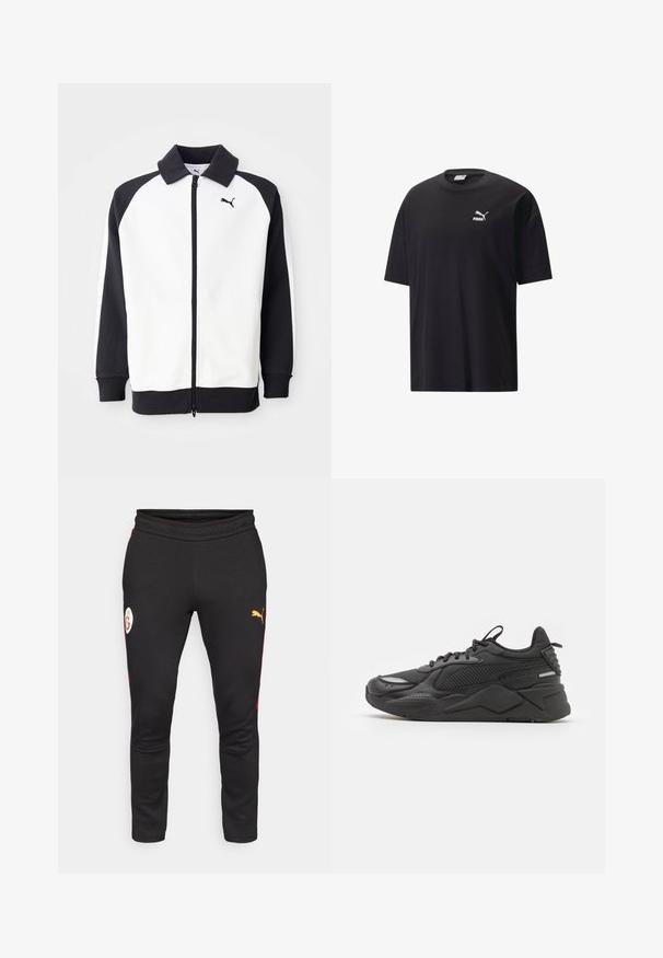 Puma sporta jaka ar balto ķermeni un melnām raglanu piedurknēm, ar rāvējslēdzēju un melnu apkakli. Gluda tekstūra, logo detaļa uz krūtīm.; Melna kokvilnas T-krekls ar īsām piedurknēm, apaļo kakla izgriezumu un baltu Puma logo uz krūts. Vienkāršs un bez rotājumiem dizains.; Melni sporta bikses ar sarkanām sānu akcentiem, kurām ir balts logo uzplecs un dzeltenais Puma logo. Izgatavotas no mīksta, elastīga auduma.; Melnas kedas ar teksturētu augšdaļu, kas izgatavota no sieta un sintētiskajiem materiāliem, ar biezu zoli un atstarojošiem akcentiem redzamībai.