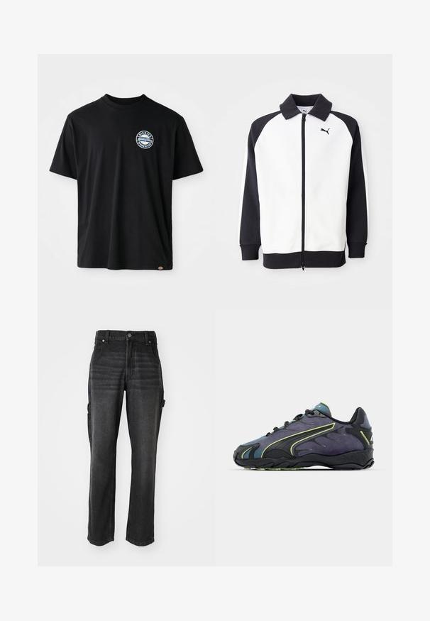 Puma löpjacka med vit kropp och svarta raglanärmar, dragkedja och svart krage. Slät textur, logotypdetalj på bröstet.; Svart bomullströja med en rund logo på bröstet. Korta ärmar och rund halsringning med rak skärning vid fållen.; Svarta denim cargo byxor med raka ben, som har sidofickor, en metallknapp stängning och tonala sömmar. Strukturerad tyg.; Svarta och lila träningsskor med en texturerad ovansida, gröna accentlinjer och en gummisula med ett vågigt mönster. Snörning.