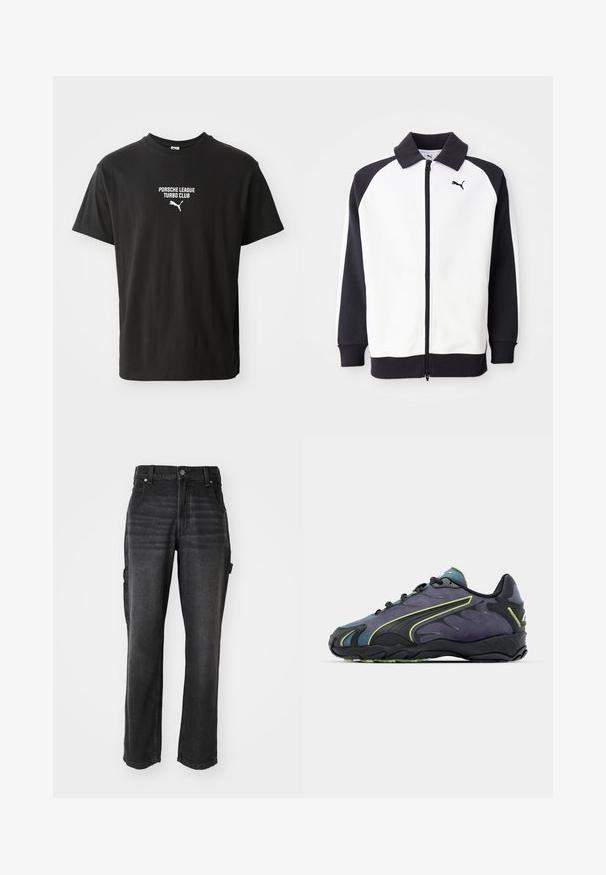 Puma trainingsjack met een witte body en zwarte raglanmouwen, met een ritssluiting en een zwarte kraag. Glad textuur, logo op de borst.; Zwarte katoenen T-shirt met een ronde hals, voorzien van witte bedrukte tekst "PORSCHE LEAGUE TURBO CLUB" en een klein Puma-logo eronder.; Zwarte denim cargobroek met rechte pijpen, voorzien van zijzakken, een metalen knoopsluiting en ton-sur-ton stiksels. Gelaagd stof.; Zwarte en paarse sportschoenen met een textuur bovenmateriaal, groene accenten en een rubberen zool met een golvend ontwerp. Vetersluiting.