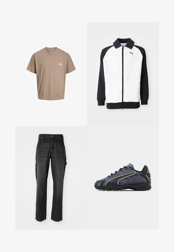 Puma treningsjakke med hvitt kropp og svarte raglanermer, glidelås i front og svart krage. Glatt tekstur, logo detalj på brystet.; Brun bomull t-skjorte med korte ermer, rund hals og en liten hvit logo på brystet. Glatt tekstur og avslappet passform.; Svart denim cargo-bukser med rette ben, med sidelommer, en metall knappestolpe og tonalt søm. Teksturert stoff.; Svarte og lilla treningssko med teksturert overdel, grønne detaljer og gummisåle med bølget design. Snøring.