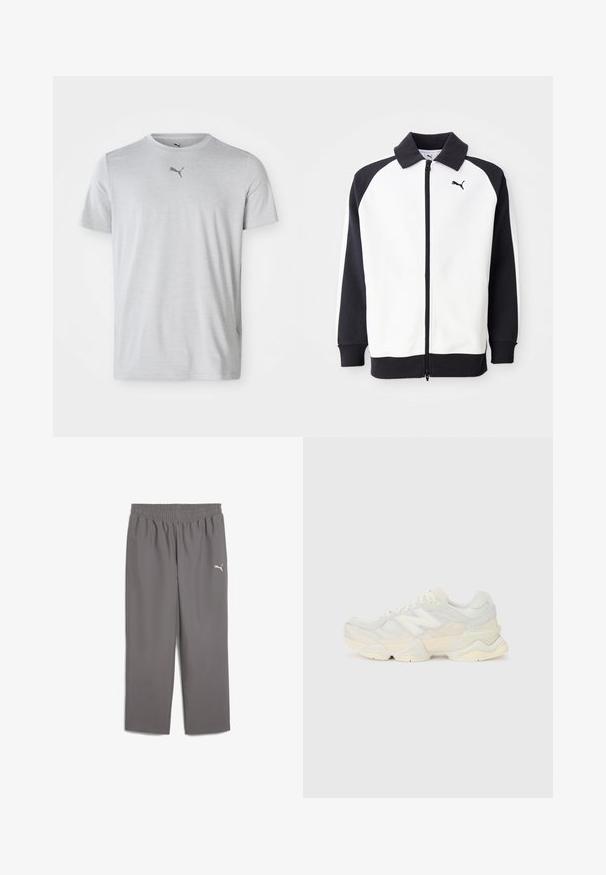 Kurtka treningowa Puma z białym korpusem i czarnymi rękawami raglanowymi, z zapięciem na zamek i czarnym kołnierzem. Gładka tekstura, detal logo na piersi.; Jasnoszara sportowa koszulka wykonana z miękkiego materiału. Ma krótkie rękawy i okrągły dekolt, z małym czarnym logo Pumy na piersi.; Szare spodnie sportowe z elastycznym pasem, wykonane z lekkiego materiału. Posiadają małe białe logo na lewej nodze.; Lekki sneakers z siateczkową i zamszową cholewką w delikatnych kremowych odcieniach, z masywną podeszwą i trójwymiarowymi akcentami.