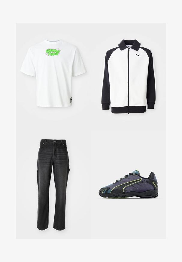 Puma trainingsjack met een witte body en zwarte raglanmouwen, met een ritssluiting en een zwarte kraag. Glad textuur, logo op de borst.; Witte t-shirt met korte mouwen, met groene tekst "Ripndip Pima" en kleine cartoon kattenillustraties bij de hals, en een Puma-label bij de zoom.; Zwarte denim cargobroek met rechte pijpen, voorzien van zijzakken, een metalen knoopsluiting en ton-sur-ton stiksels. Gelaagd stof.; Zwarte en paarse sportschoenen met een textuur bovenmateriaal, groene accenten en een rubberen zool met een golvend ontwerp. Vetersluiting.