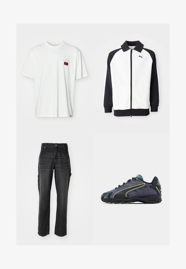 Chaqueta de chándal Puma con cuerpo blanco y mangas raglán negras, cierre de cremallera y cuello negro. Textura suave, detalle de logo en el pecho.; Camiseta de algodón blanca con mangas cortas, que presenta un pequeño logo bordado en rojo y amarillo cerca del lado izquierdo del pecho. Cuello redondo y corte relajado.; Pantalones cargo de mezclilla negra con piernas rectas, que cuentan con bolsillos laterales, cierre de botón metálico y costuras en tono. Tejido texturizado.; Zapatillas deportivas negras y moradas con un upper texturizado, líneas de acento verdes y una suela de goma con un diseño ondulado. Cierre con cordones.