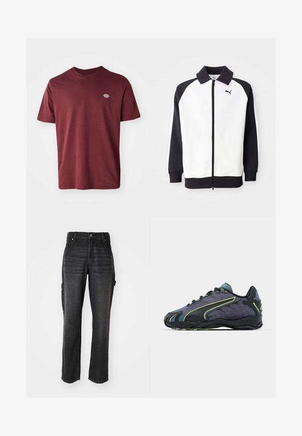 Puma športová bunda s bielym telom a čiernymi raglánovými rukávmi, so zipsom a čiernym golierom. Hladká textúra, detail loga na hrudi.; Burgundské bavlnené tričko s okrúhlym výstrihom, krátkymi rukávmi a malým kruhovým logom značky vyšitým na ľavej hrudi.; Čierne denímové cargo nohavice so rovnými nohami, s bočnými vreckami, kovovým zapínaním na gombík a tónovaným prešívaním. Textúrovaná látka.; Čierne a fialové športové topánky s textúrovaným zvrškom, zelenými akcentmi a gumovou podrážkou so vlnkovým vzorom. Šnurovací uzáver.