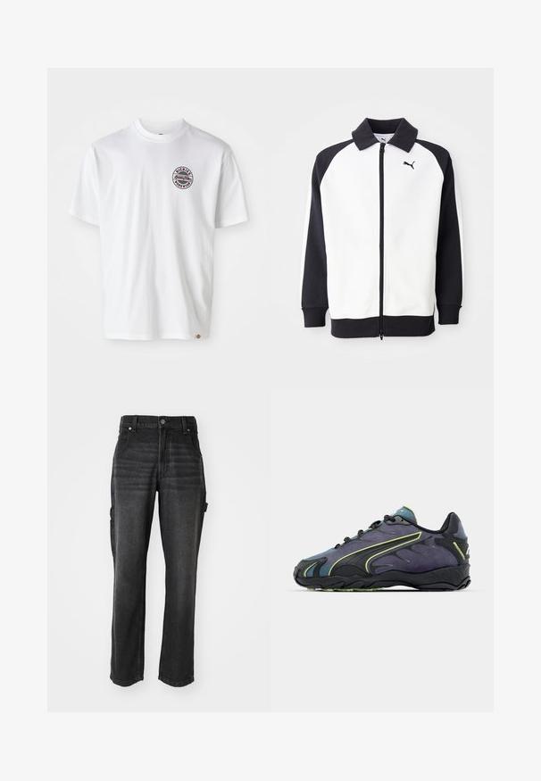 Casaco de pista Puma com corpo branco e mangas raglan pretas, fecho com zíper e colarinho preto. Textura suave, detalhe do logotipo no peito.; Camiseta de algodão branca com um logótipo redondo no peito. Decote redondo, mangas curtas, corte solto, apresentando detalhes em vermelho e preto.; Calças cargo em denim preto com pernas retas, apresentando bolsos laterais, fecho de botão de metal e costuras tonais. Tecido texturizado.; Ténis atléticos pretos e roxos com um upper texturizado, linhas de destaque verdes e uma sola de borracha com um design ondulado. Fecho com atacadores.