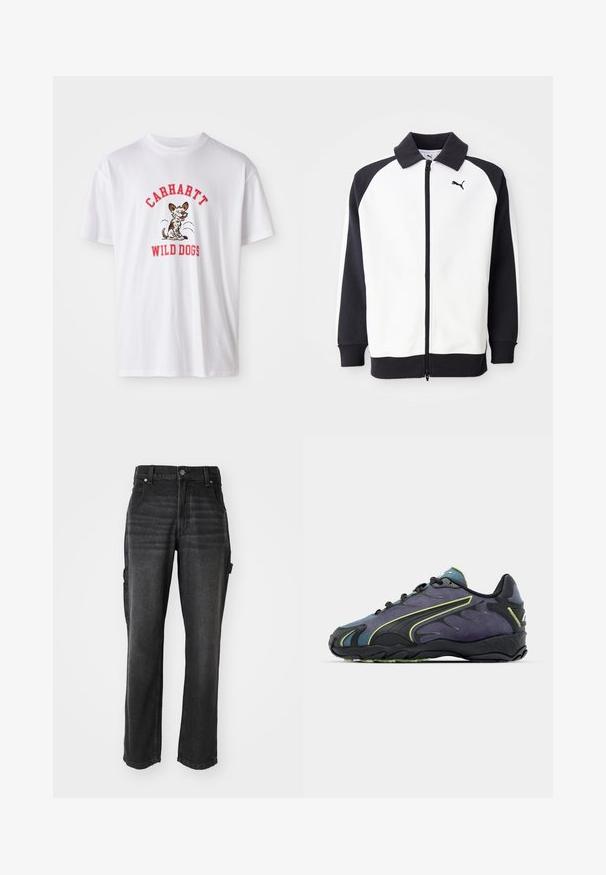 Puma sporta jaka ar balto ķermeni un melnām raglanu piedurknēm, ar rāvējslēdzēju un melnu apkakli. Gluda tekstūra, logo detaļa uz krūtīm.; Balts kokvilnas T-krekls ar sarkaniem izšūtiem vārdiem "CARHARTT WILD DOGS" un karikatūras suņa grafiku priekšpusē. Īsas piedurknes, apaļa kakla izgriezums.; Melnas džinsu bikses ar taisnām kājām, ar sānu kabatām, metāla pogu aizdari un tonālām šuvēm. Strukturēta auduma.; Melnas un purpura sporta kurpes ar teksturētu virsmu, zaļām akcentu līnijām un gumijas zoli ar viļņotu rakstu. Šņores aizdare.