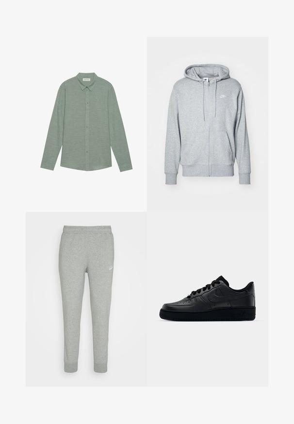 Grå zip-up hættetrøje lavet af blødt stof med en kangaroo-lomme, snørrelukning og et lille hvidt logo på brystet.; Langærmet skjorte med knapper i lysegrønt linnedstof med spidse kraver og matchende knapper, der har en subtil tekstur.; Grå kortærmet T-shirt i bomuld med et sort Nike-logo på brystet og rund halsudskæring. Minimalistisk design uden mønstre.; Grå sweatpants lavet af blødt stof, med tapered ben design, elastisk talje og lille hvid Nike-logo på venstre lår.; Sort Nike Air Force 1 sneaker med en glat læderoverdel, perforeret tå for åndbarhed, sorte snørebånd og en textured gummisål.