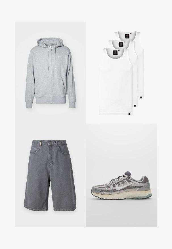 Harmaa vetskari, joka on valmistettu pehmeästä kankaasta, jossa on kengurupussi, nyörillä säädettävä huppu ja pieni valkoinen logo rinnassa.; Kolme valkoista ribbitekstiilistä toppia, jotka on valmistettu puuvillasta. Ominaisuuksiin kuuluu pyöreä pääntie ja pieni musta etiketti helman lähellä. Saatavilla useissa kooissa.; Harmaat farkkushortit rentoa fit'iä, joissa on napin kiinnitys, viisi taskua ja hieman haalistunut pinta. Klassinen ja monipuolinen muotoilu.; Harmaa urheilukenkä, jossa on verkko- ja mokkanahkainen yläosa, valkoiset yksityiskohdat, pehmustettu pohja ja erottuva muotoilu heijastavilla elementeillä.