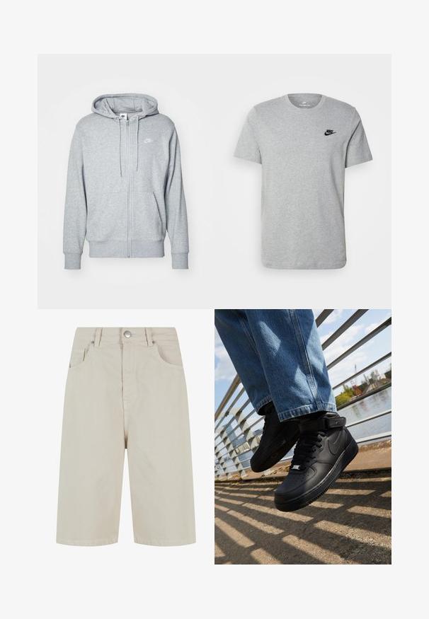 Felpa grigia con zip realizzata in un morbido tessuto, dotata di tasca a marsupio, cappuccio con lacci e un piccolo logo bianco sul petto.; T-shirt grigio a maniche corte in cotone, con logo Nike nero sul petto e scollatura rotonda. Design minimalista senza pattern.; Pantaloni shorts in denim beige con una vestibilità dritta, chiusura anteriore con bottone e quattro tasche. Il tessuto ha una consistenza liscia e dettagli di cucitura minimal.; Sneaker nere Nike Air Force 1 con tomaia in pelle, linguetta in mesh e suola in gomma, con un design high-top e lacci spessi.