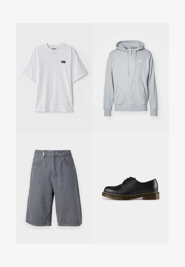 Pelēks uzvilkšanas sporta krekls, kas izgatavots no mīkstas auduma, ar kangaroo kabatu, regulējamu kapuci un mazu balto logo uz krūtīm.; Balta kokvilnas T-krekls ar apaļu kakla izgriezumu, īsām piedurknēm un tumši zilu taisnstūrveida logo uzlīmi kreisajā krūšu daļā.; Pelēki džinsu šorti ar brīvu piegriezumu, ar pogu aizdari, pieciem kabatām un nedaudz izbalējušu audumu. Klasisks un daudzpusīgs dizains.; Melna ādas kurpe ar noapaļotu purngali, šņorēšanas dizains, dzeltena šuvju līnija gar zoli un masīva, teksturēta gumijas zole.