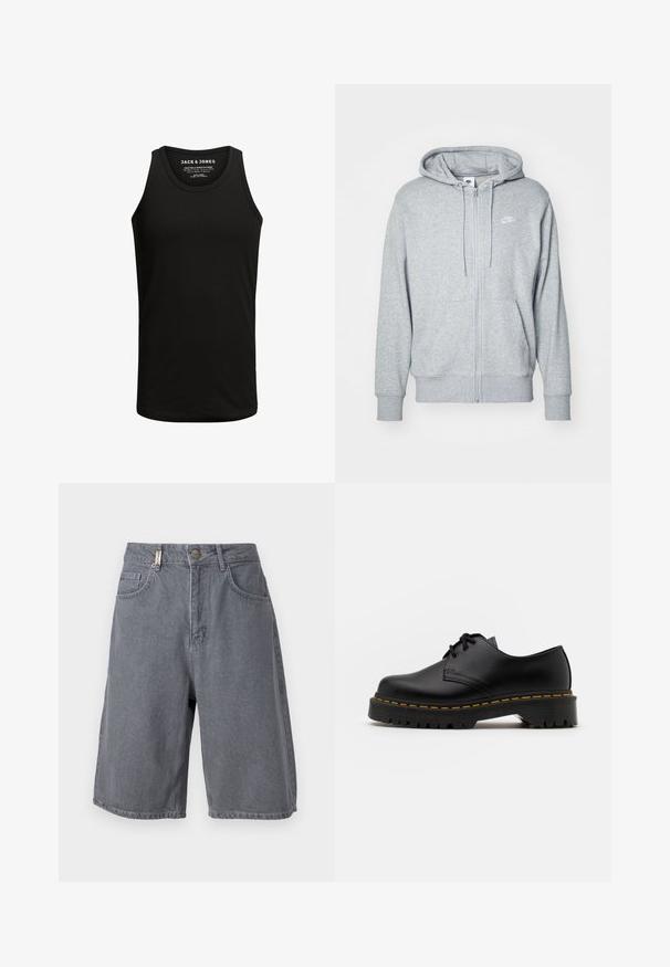 Grijze zip-up hoodie gemaakt van zachte stof met een kangoeroezak, een capuchon met trekkoord en een klein wit logo op de borst.; Zwarte tanktop gemaakt van een katoenmix stof, met een klassieke ronde hals en zonder mouwen. Eenvoudige textuur zonder patronen of accenten.; Grijze denim shorts met een relaxte pasvorm, voorzien van een knoopsluiting, vijf zakken en een licht vervaagde textuur. Tijdloos en veelzijdig ontwerp.; Zwarte leren veterschoen met een ronde neus, getextureerde rubberen zool en gele stiksels rond de basis. Plat ontwerp en een gladde afwerking.