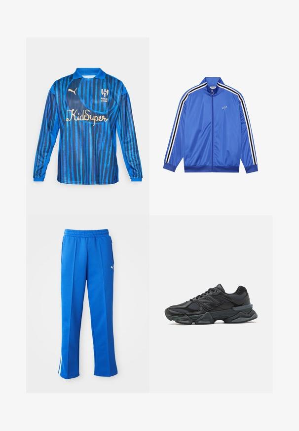 Blue track jacket made of shiny material, featuring white and black striped accents along the sleeves, high collar, and front zipper.; Blue long-sleeve football jersey featuring vertical stripes, a collar, and logos in gold on the front. Made of smooth, lightweight material.; Blue athletic pants with an elastic waistband, side pockets, and white stripe accents. Made of a smooth, stretchable fabric.; Black running shoe featuring a mix of mesh and synthetic materials, chunky sole, curved design, and prominent branding on the side.