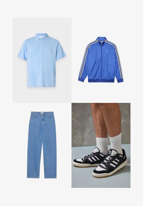 Zila treniņjakete, kas izgatavota no spīdīga materiāla, ar baltām un melnām svītrām gar piedurknēm, augstu apkakli un priekšējo rāvējslēdzēju.; Gaiši zils polo krekls, kas izgatavots no kokvilnas, ar klasisku apkakli, īsām piedurknēm un diskrētu logo uz krūtīm. Gluda tekstūra.; Gai zili džinsi ar taisnu piegriezumu, piecu kabatu dizainu, vienu pogu aizdari un diskrētu šuvju detaļu.; Melnas un baltas kedas ar zamša un ādas augšdaļu, kas aprīkotas ar trim baltām svītrām, perforētu purngali un gumijas zolēm.
