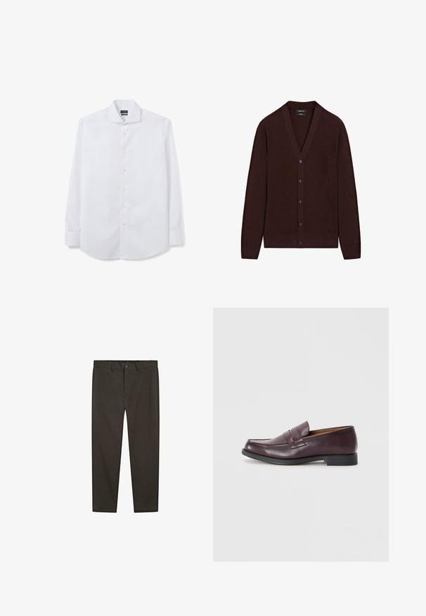 Cardigan bordeaux a coste con scollo a V, maniche lunghe, chiusura monopetto e sei bottoni neri. Tessuto morbido e design aderente.; Camicia bianca a maniche lunghe realizzata in tessuto morbido, con colletto classico, chiusura a bottoni e orlo arrotondato. I bottoni sono di colore chiaro.; Pantaloni marroni scuri realizzati in un tessuto liscio. Caratterizzati da una chiusura con bottone, passanti per cintura e due tasche laterali. Design a gamba dritta.; Mocassini in pelle bordeaux con punta arrotondata, dettagli cuciti discreti e suola nera bassa. Design classico con minimalismo negli ornamenti.