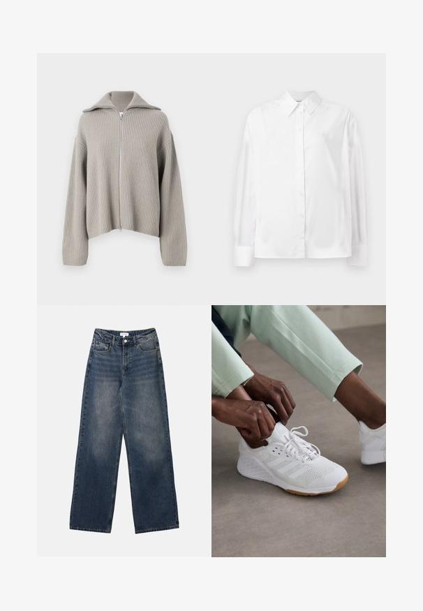 Suéter de cremallera acanalado gris claro con cuello extendido y hombros caídos. Presenta un tejido texturizado y un diseño recortado.; Camisa blanca de manga larga con botones, hecha de una suave mezcla de algodón. Cuenta con un cuello clásico, cierre frontal con botones y puños redondeados.; Vaqueros de hombre de tiro alto en denim azul, con pernera ancha, botón y cremallera frontales, y bolsillos delanteros y traseros.; Zapatilla deportiva blanca con parte superior de malla, suela de goma y diseño de tres franjas. Se están ajustando los cordones; ropa de color gris claro y verde menta visible.