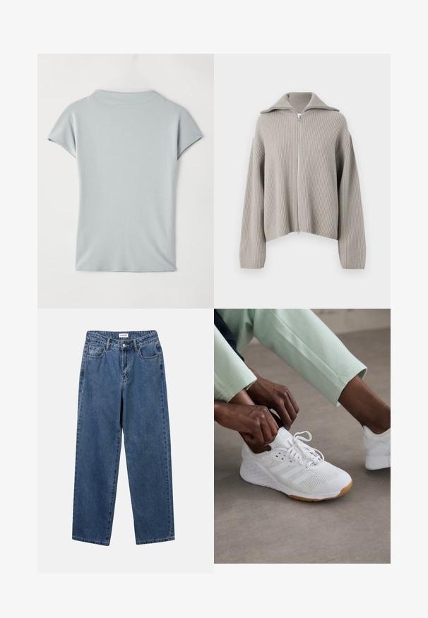 Svetlošedý rebrovaný sveter na zips s rozšíreným golierom a spustenými ramenami. Obsahuje textúrovanú tkaninu a skrátený strih.; Svetlomodrý top s krátkym rukávom vyrobený z mäkkej látky, s okrúhlym výstrihom a jemným drapovaním pre uvoľnený strih. Bez vzorov alebo akcentov.; Klasické modré džínsy z denimu so strihom rovného strihu, piatimi vreckami a zapínaním na gombík. Majú stredné praním a pevnú textúru.; Biele športové topánky s hornou časťou z sieťoviny, gumovou podrážkou a dizajnom so tromi prúžkami. Šnúrky sa upravujú; viditeľné svetlošedé a mätovo zelené oblečenie.
