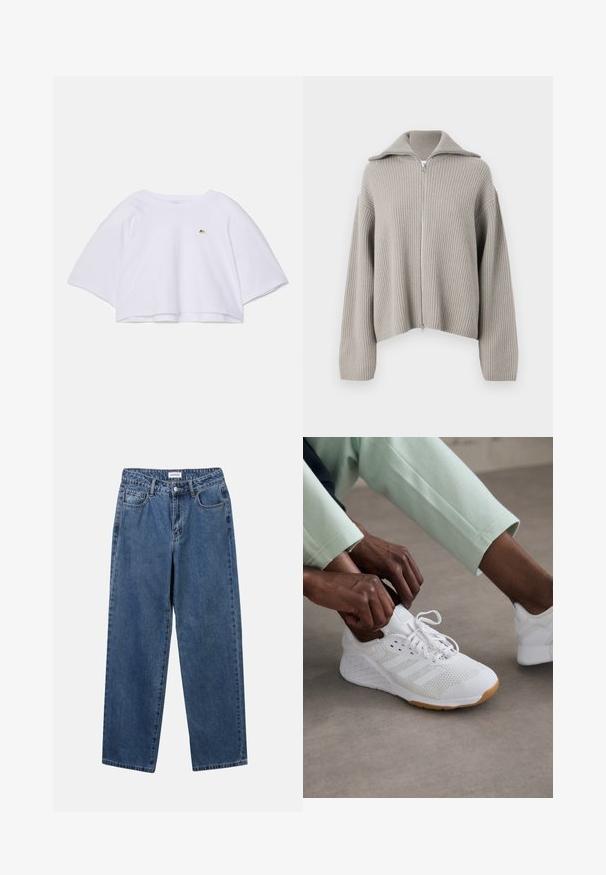 Maglione grigio chiaro a coste con zip, colletto aperto e spalle basse. Presenta un tessuto testurizzato e un design corto.; Felpa bianca corta con maniche larghe e corte, scollatura rotonda e un piccolo logo dorato sul petto. Realizzata in tessuto morbido.; Jeans in denim blu classico con design a gamba dritta, cinque tasche e chiusura con bottone. Presentano un lavaggio medio e una trama robusta.; Scarpa sportiva bianca con tomaia in rete, suola in gomma e design a tre strisce. I lacci vengono regolati; visibili abbigliamento grigio chiaro e verde menta.