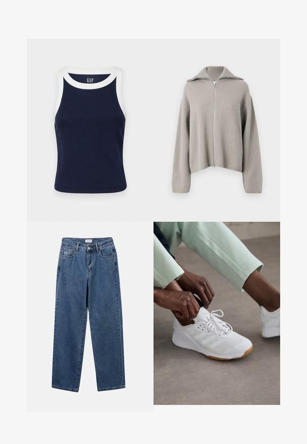 Pulover zip-up ribbed de culoare gri deschis, cu guler deschis și umeri lăsați. Prezintă un material texturat și un design scurt.; GAP MOD RIB HALTER CROP - Top - navy/white; Jeans clasice din denim albastru, cu un design drept, cinci buzunare și închidere cu nasture. Prezentând o spălare medie și o textură rezistentă.; Pantofii sport albi, cu un superior din plasă, talpă din cauciuc și un design cu trei dungi. Șireturile sunt ajustate; hainele de culoare gri deschis și verde mentă sunt vizibile.