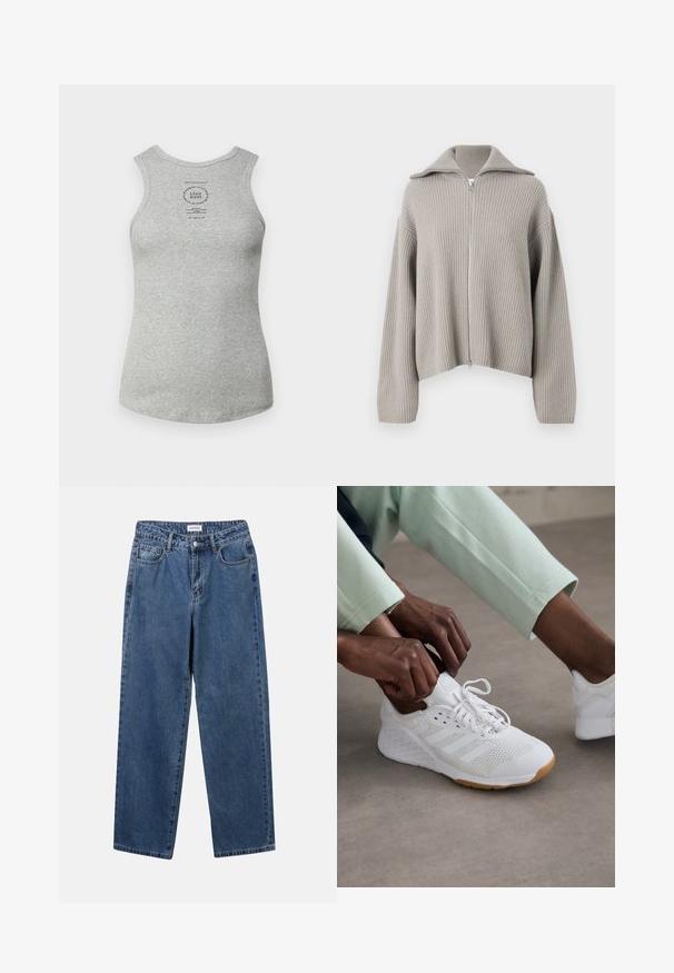 Gaišs pelēks ribots zip-up svārkstus ar izkliedētu kaklu un noliektiem pleciem. Iezīmēta ar teksturētu audumu un īsu dizainu.; Pelēks kokvilnas bezpiedurkņu topiņš ar apaļu apkakli, kas centrā ir ar drukātu etiķeti. Gluda tekstūra un pieguļoša forma.; Klasiskie zili džinsi ar taisnu kāju dizainu, pieciem kabatām un pogu aizdari. Iezīmējas ar vidēju mazgāšanu un izturīgu tekstūru.; Baltas sporta apavi ar acs audumu, gumijas zoli un trim svītrām dizainā. Šņores tiek regulētas; redzams gaiši pelēks un piparmētru zaļš apģērbs.