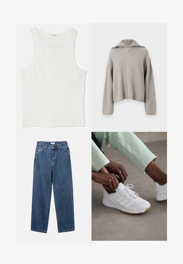 Svetlošedý rebrovaný sveter na zips s rozšíreným golierom a spustenými ramenami. Obsahuje textúrovanú tkaninu a skrátený strih.; By Malene Birger AMANIAS - Top - off-white; Klasické modré džínsy z denimu so strihom rovného strihu, piatimi vreckami a zapínaním na gombík. Majú stredné praním a pevnú textúru.; Biele športové topánky s hornou časťou z sieťoviny, gumovou podrážkou a dizajnom so tromi prúžkami. Šnúrky sa upravujú; viditeľné svetlošedé a mätovo zelené oblečenie.