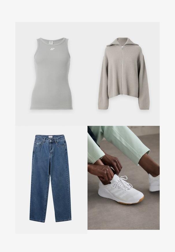 Világosszürke bordázott zipzáros pulóver, széles gallérral és lecsúsztatott vállakkal. Texturált anyaga van, és cropped (rövid) kialakítású.; Szürke bordázott ujjatlan póló kerek nyakkivágással. Elöl található egy kis fehér logó. Simogató, rugalmas anyag.; Klasszikus kék farmernadrág egyenes szárú dizájnal, öt zsebbel és gombos zárással. Közepes mosású és strapabíró textúrával rendelkezik.; Fehér sportcipő hálós felsőrésszel, gumitalppal és három csíkkal. A fűzők állítva vannak; világosszürke és mentazöld ruházat látható.