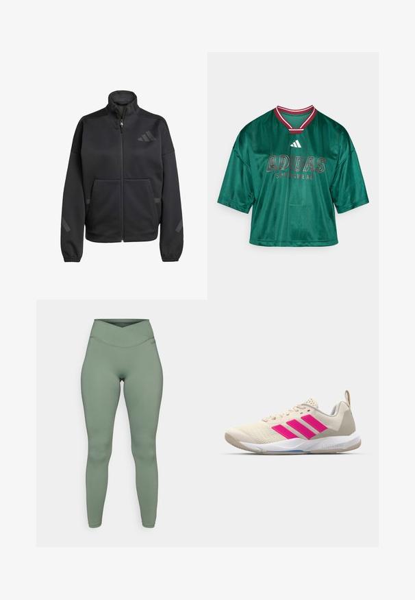 Črna jakna z zadrgo, izdelana iz mehke tkanine, z visokim ovratnikom, dvema sprednjima žepoma in odsevnimi detajli v elegantnem dizajnu.; adidas Sportswear TIRO - Potiskana majica - dark green/collegiate burgundy/white; Leggingi z visokim pasom v tihem zelenem blagu, ki imajo brezšivno zasnovo, gladko teksturo in subtilne detajle na pasu s križnim prepletom.; Bežni atletski čevlji z rožnatim logotipom s tremi črtami, teksturiran zgornji del iz mrežaste tkanine, oblazinjen ovratnik in bel gumijast podplat, ki nosi blagovno znamko "LIGHTSTRIKE".