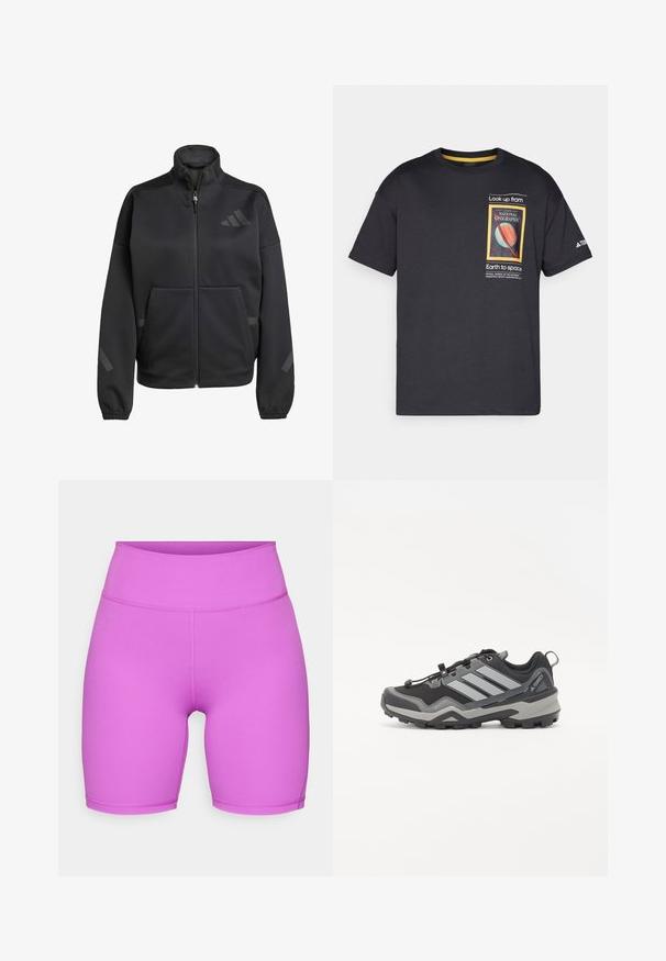 Melnā jaciņa ar rāvējslēdzēju, kas izgatavota no mīksta materiāla, ar augstu apkakli, divām priekšējām kabatām un atstarojošiem akcentiem elegantā dizainā.; Melnā kokvilnas t-kreklu ar īsām piedurknēm, ar krāsainu National Geographic grafiku un tekstu uz priekšpuses, kontrastējošām dzeltenām akcentiem.; adidas Performance ALL ME ESSENTIALS SHORT LEGGINGS - Legingi - purple burst; Melns un pelēks kalnu apavi ar teksturētu virsmu, gumijas zoli un trim izteiktām pelēkām svītrām sānos; aprīkoti ar ātru saišu sistēmu.