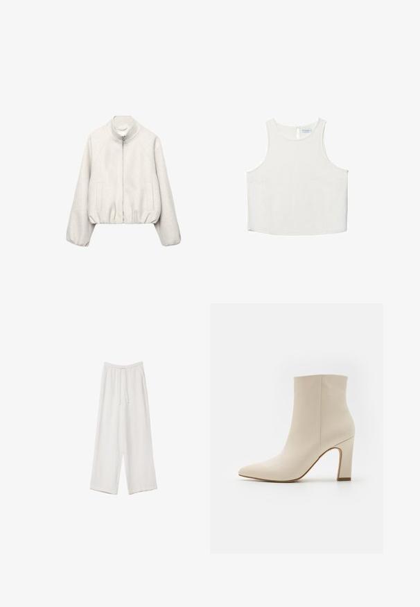 Světlobéžová krátká bunda z jemné látky, s límcem na stojáček, zapínáním na zip, raglánovými rukávy a elastickým lemem. Obsahuje dvě přední kapsy.; Bílý bezrukávový top s kulatým výstřihem, který má jemnou texturu, detaily v oblasti zad ve tvaru klíčové dírky a rovný lem.; Bílé široké kalhoty vyrobené z lehké tkaniny. Mají elastický pas se šňůrkou a boční kapsy. Hladká textura.; Madden Girl SPIN - Kotníková obuv na vysokém podpatku - white paris