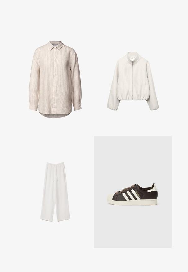 Vaaleanbeige lyhyt takki pehmeästä kankaasta, jossa on pystykäärme-kaulus, vetoketjukiinnitys, raglansihat ja joustava helma. Mukana kaksi etutaskua.; Vaaleanbeige nappipaita, jossa on ohuita pystysuoria raidoituksia, puuvillakangasta, pitkät hihat, kaulus ja pyöristetty helma. Varustettu valkoisilla napeilla.; Valkoiset leveälahkeiset housut kevyestä kankaasta. Ominaisuuksiin kuuluu elastinen vyötärö, jossa on nauhakuuluma ja sivutaskut. Sileä rakenne.; Matala Adidas Superstar -tennari tummanruskeasta nahasta, jossa on kermahtava kuorikärki, valkoiset raidat ja "Superstar"-teksti sivussa.