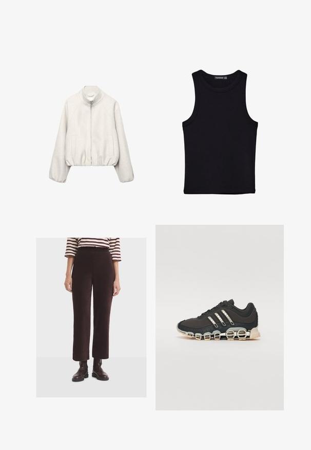 Hellbeige, kurz geschnittene Jacke aus weichem Stoff, mit Stehkragen, Reißverschluss, Raglanärmeln und elastischem Saum. Zwei Fronttaschen inklusive.; Schwarzes Tanktop aus Baumwolle mit rundem Halsausschnitt und weiten Armöffnungen. Glatte Textur mit genähten Säumen. Klassisches, minimalistisches Design.; Frau trägt dunkelbraune gerippte weit geschnittene Hose, braune Leder-Stiefeletten und ein weißes und burgunderfarben gestreiftes Shirt mit drei Viertelärmeln.; Schwarzer Sportschuh mit einer strukturierten Oberseite, drei silbernen Streifen und einer markanten Dämpfungssohle mit mehreren integrierten Sektionen.