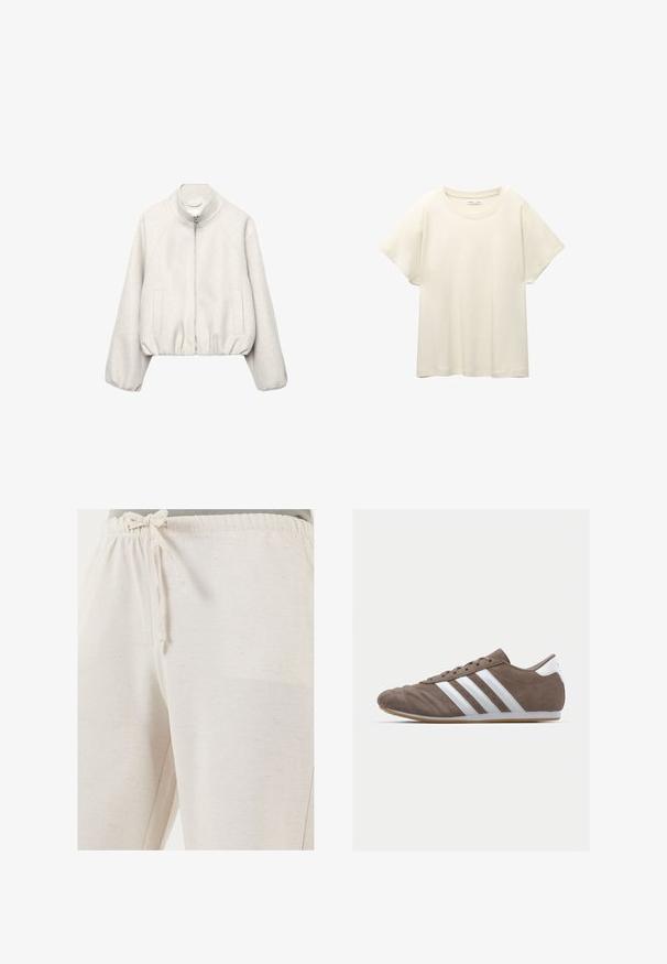 Vaaleanbeige lyhyt takki pehmeästä kankaasta, jossa on pystykäärme-kaulus, vetoketjukiinnitys, raglansihat ja joustava helma. Mukana kaksi etutaskua.; Vaaleanbeige lyhythihainen t-paita, jossa on pyöreä kaula-aukko, valmistettu pehmeästä ja sileästä kankaasta. Ominaisuuksina rento mitta ja suora helma.; LELA REGULAR FIT - Housut - beige; Ruskea mokkaboots-urheilujalkine, jossa on valkoiset raidat, pyöreä kärki, nauhakiinnitys ja kumipohja. Teksturoitu päällinen, jossa on ompelutiedot.