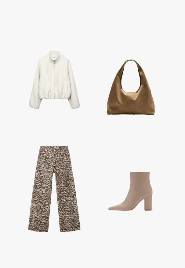 Svijetlo bež kratka jakna od mekanog tkanja, s ovratnikom koji stoji, zatvaranjem na patentni zatvarač, raglan rukavima i elastičnim rubom. Uključene su dvije prednje džepove.; Svijetlo bež majica kratkih rukava s okruglim izrezom, izrađena od meke, glatke tkanine. Karakterizira je opušteni kroj i ravni rub.; Hlače širokih nogavica od denima u svijetlosmeđoj tkanini s crnim uzorkom leopard kože; sadrže pet džepova i prednje kopčanje na dugme.; Bežna čizma do gležnja s šiljastim nosom, izrađena od glatkog materijala, s prozirnim blok-petom i minimalističkim dizajnom.; Smeđa platnena torba za rame s širokim, zaobljenim tijelom i velikim izrezanim drškom. Mekana tekstura, minimalistički dizajn i bez vidljivog hardvera.