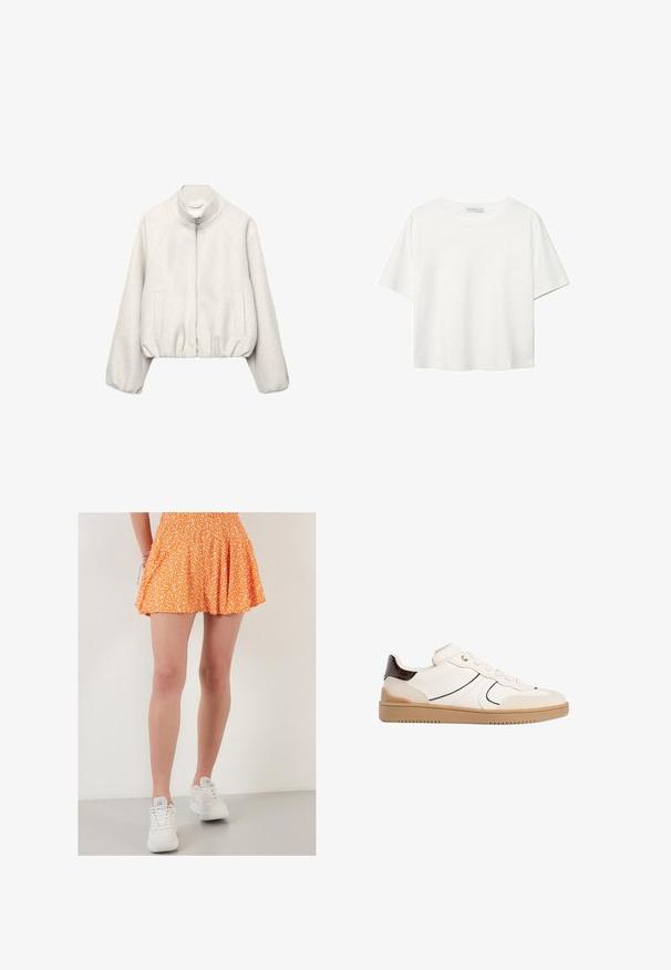 Lichtbeige cropped jack in zachte stof, met een opstaande kraag, ritssluiting, raglanmouwen en elastische zoom. Voorzien van twee steekzakken aan de voorkant.; Witte korte mouwen t-shirt van katoen. Heeft een ronde halslijn en een ontspannen pasvorm. Glad textuur zonder zichtbare patronen of accenten.; Oranje bloemenrok met smocktaille, geplooid ontwerp, knie-lengte, gecombineerd met witte sneakers. Elegante textuurstof en speels patroon.; Stradivarius Sneakers laag - white