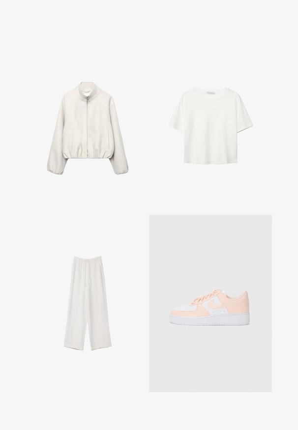 Svijetlo bež kratka jakna od mekanog tkanja, s ovratnikom koji stoji, zatvaranjem na patentni zatvarač, raglan rukavima i elastičnim rubom. Uključene su dvije prednje džepove.; Bijela majica kratkih rukava od pamuka. Ima okrugli izrez i opušteni kroj. Glatka tekstura bez vidljivih uzoraka ili naglasaka.; Bijele hlače širokih nogavica napravljene od lagane tkanine. Imaju elastičan pojas s ušicom i bočne džepove. Glatka tekstura.; Nike Air Force 1 tenisice imaju bijeli kožni gornji dio s mekanim ružičastim naglascima. Gumeni potplat je teksturiran za bolje prianjanje. Klasičan dizajn i vezivanje.