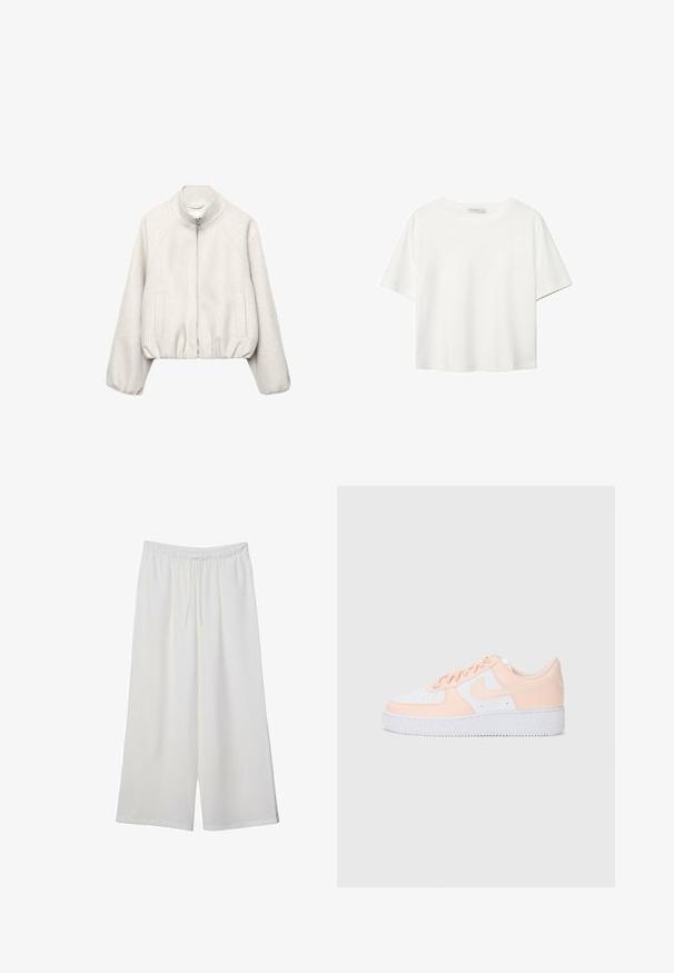 Vaaleanbeige lyhyt takki pehmeästä kankaasta, jossa on pystykäärme-kaulus, vetoketjukiinnitys, raglansihat ja joustava helma. Mukana kaksi etutaskua.; Valkoinen lyhythihainen T-paita, joka on tehty puuvillasta. Siinä on pyöreä kaula-aukko ja rento malli. Silkkinen pinta ilman näkyviä kuvioita tai koristeita.; Valkoiset leveälahkeiset housut, jotka on valmistettu kevyestä kankaasta. Niissä on joustava vyötärö ja nauha säädettävää istuvuutta varten. Sileä pinta.; Nike Air Force 1 -tennisit sisältävät valkoisen nahkapinnan, jossa on pehmeitä vaaleanpunaisia yksityiskohtia. Kumipohja on uurrettu paremman pidon saavuttamiseksi. Klassinen muotoilu ja nauhallinen sulku.