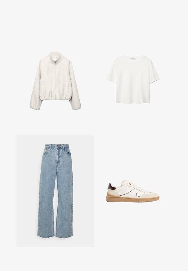 Svijetlo bež kratka jakna od mekanog tkanja, s ovratnikom koji stoji, zatvaranjem na patentni zatvarač, raglan rukavima i elastičnim rubom. Uključene su dvije prednje džepove.; Bijela majica kratkih rukava od pamuka. Ima okrugli izrez i opušteni kroj. Glatka tekstura bez vidljivih uzoraka ili naglasaka.; Svijetloplave traperice širokog kroja s visokim strukom, prednjim gumbom, zatvaranjem na patentni zatvarač i dizajnom s pet džepova na praznoj pozadini.; Stradivarius Tenisice - white
