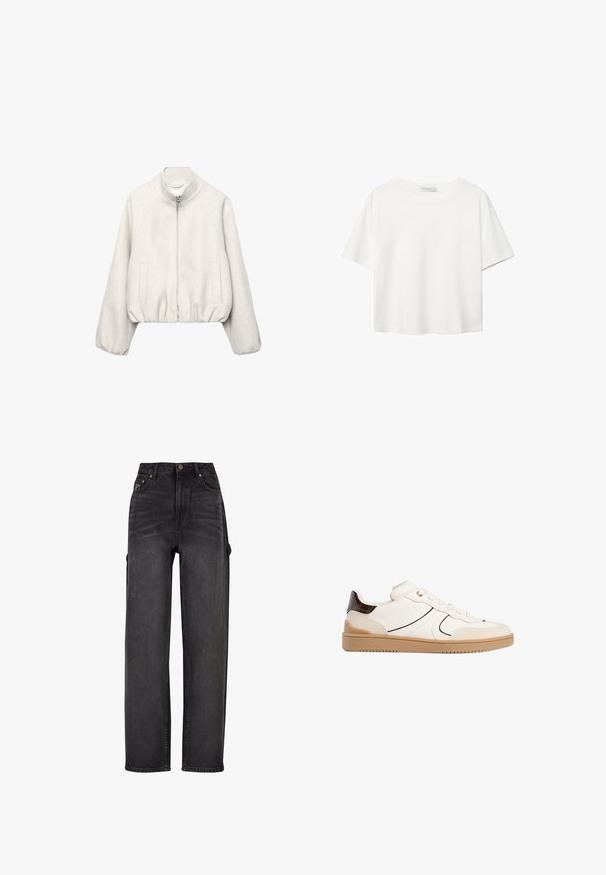 Rahločena svetlo bež jakna iz mehke tkanine, z ovratnikom, zadrgo, raglanskimi rokavi in elastičnim robom. Vključuje dve sprednji žepi.; Bela kratka majica s kratkimi rokavi iz bombaža. Ima okroglo izrezovanje in sproščen kroj. Gladka tekstura brez vidnih vzorcev ali poudarkov.; Visoko pasovne cargo kavbojke v črnem denimu z širokima nogama, stranskimi žepi in subtilnimi detajli zbledelosti. Trpežna tkanina in kontrastni šivi.; Stradivarius Športni copati - white