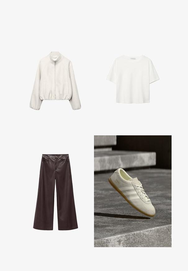 Svijetlo bež kratka jakna od mekanog tkanja, s ovratnikom koji stoji, zatvaranjem na patentni zatvarač, raglan rukavima i elastičnim rubom. Uključene su dvije prednje džepove.; Bijela majica kratkih rukava od pamuka. Ima okrugli izrez i opušteni kroj. Glatka tekstura bez vidljivih uzoraka ili naglasaka.; Smeđe hlače širokih nogavica od umjetne kože s visokim strukom, s prednjim džepovima i klasičnim zatvaranjem na dugme. Glatka tekstura i mat završna obrada.; Bijela patika od brušene kože s tri teksturirane bijele pruge, gumenim potplatom boje gume i zlatnim logotipom sa strane, koja ima minimalistički dizajn.