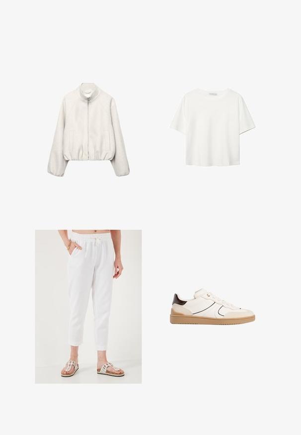 Svetložltá krátka bunda z mäkkého materiálu, vybavená stojatým golierom, zapínaním na zips, raglánovými rukávmi a elastickým lemom. Súčasťou sú dve predné vrecká.; Biela krátkopsová tričko vyrobené z bavlny. Má okrúhly výstrih a voľný strih. Hladká textúra bez viditeľných vzorov alebo akcentov.; Biele skrátené nohavice z textúrovanej látky, s elastickým pásom a šnúrkou na stiahnutie. Kombinované s ozdobenými sandálmi s korkovou podrážkou.; Stradivarius Tenisky - white