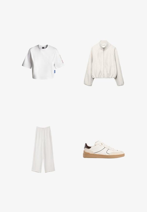 Svetložltá krátka bunda z mäkkého materiálu, vybavená stojatým golierom, zapínaním na zips, raglánovými rukávmi a elastickým lemom. Súčasťou sú dve predné vrecká.; Biely skrátený tričko vyrobené z bavlny, s krátkymi rukávmi, okrúhlym výstrihom a modrou etiketou na boku. Text na rukáve v červenej farbe.; Biele široké nohavice vyrobené z ľahkej tkaniny. Obsahujú elastický pás so sťahovacou šnúrkou a bočné vrecká. Hladká textúra.; Stradivarius Tenisky - white