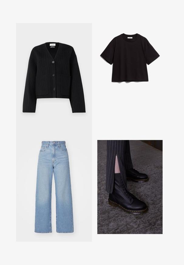 Melnas pinstrīpas kardigāns ar pogām un V-veida kakla izgriezumu, divām priekšējām kabatām uz vienkārša balta fona.; Melnas kokvilnas īsām piedurknēm kreklis ar apaļu kakla izgriezumu. Tam ir brīvs piegriezums un vienkāršs, neizpušķots dizains.; Gaiši zili augstās jostas vidukļa platās bikses ar priekšējo pogu un rāvējslēdzēju, priekšējām un aizmugurējām kabatām uz baltā fona.; Melnas ādas šņorējamas kurpes ar teksturētu apdari, dzeltenu diegu un izturīgu caurspīdīgu zoli. Apvienotas ar svītrainām biksēm, kas aprīkotas ar rāvējslēdzējiem.