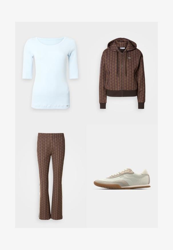 Braune Zip-Fleecejacke mit einem durchgängigen geometrischen Muster, verstellbaren Kordeln, gerippten Bündchen und einem kontrastierenden Saum. Lacoste-Logo auf der Brust.; Hellblaues, figurbetontes Langarmshirt mit Rundhalsausschnitt und weicher, glatter Textur. Verfügt über ein kleines Logo am Saum.; Braun gemusterte Schlaghosen mit strukturiertem Design und seitlichen Streifen. Elastischer Bund für zusätzlichen Komfort.; Weiß-beige Sneaker mit einem glatten Obermaterial und Wildlederakzenten, einer strukturierten Sohle und tonal abgestimmten Nähten. Schnürverschluss mit Logodetail.