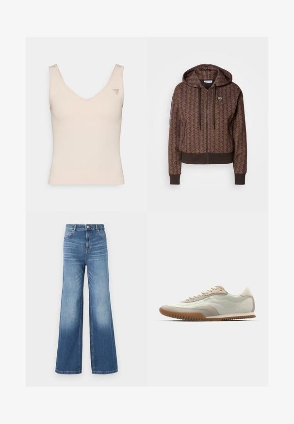 Hnědá zipová mikina s kapucí s celoplošným geometrickým vzorem, nastavitelnými šňůrkami, žebrovanými manžetami a kontrastním lemem. Logo Lacoste na prsou.; Pruhovaný, bezramínkový béžový top s výstřihem ve tvaru písmene V. Obsahuje malé logo na levém rameni. Měkká textura se přizpůsobeným siluetou.; Světle modré džíny s širokými nohavicemi a vysokým pasem, které mají pět kapes, poutka na opasek a jemný efekt vyblednutí směrem k lemu.; Bílé a béžové sneakers s hladkým svrškem a semišovými detaily, strukturovanou podešví a tónovaným prošíváním. Šněrování s logem.