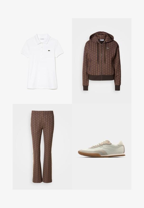 Ruskea vetoketjuhuppari, jossa on koko tekstuurilla oleva geometrinen kuvio, säädettävät nyörit, resorit hihansuissa ja erottuva helma. Lacoste-logo rinnassa.; Valkoinen polo-paita, joka on valmistettu puuvillasta ja jossa on klassinen kaulus, kolme nappia ja vihreä Lacoste-logo vasemmassa rinnassa.; Ruske kuvioidut leveälahkeiset housut, joissa on rakennekuvio. Sivusomisteet. Joustava vyötärö mukavuutta varten.; Valkoinen ja beige lenkkari, jossa on sileä päällinen ja keinonahkaiset yksityiskohdat, teksturoitu pohja ja sävy sävyyn ompelut. Nauhakiinnitys logo-yksityiskohdalla.