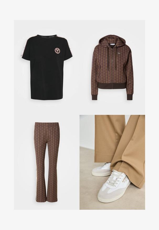 Braune Zip-Fleecejacke mit einem durchgängigen geometrischen Muster, verstellbaren Kordeln, gerippten Bündchen und einem kontrastierenden Saum. Lacoste-Logo auf der Brust.; Carlo Colucci T-Shirt print - black; Braun gemusterte Schlaghosen mit strukturiertem Design und seitlichen Streifen. Elastischer Bund für zusätzlichen Komfort.; Weiße Sneakers mit Wildlederakzenten, strukturierten Schnürsenkeln und einer Gummisohle. Kombiniert mit lockeren, sandfarbenen Hosen. Logo an der Seite angebracht.