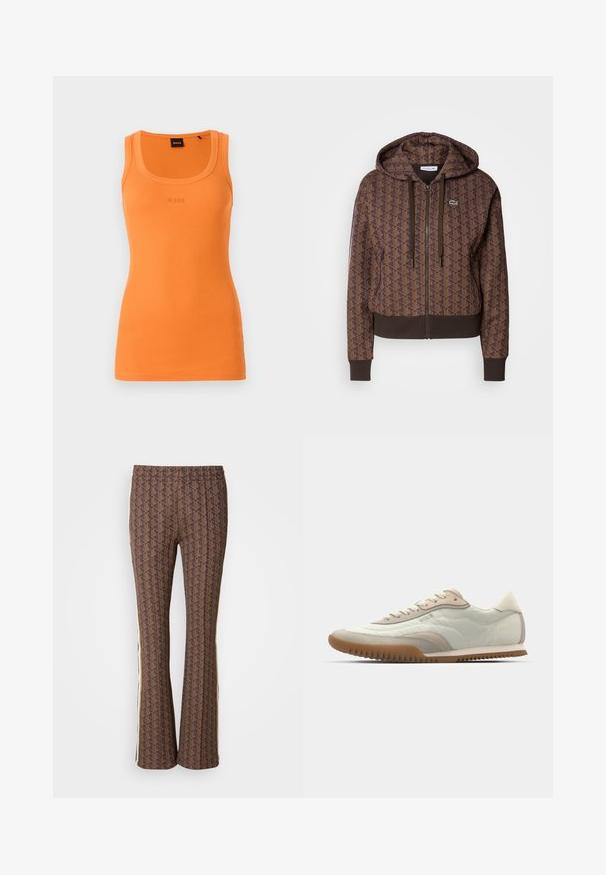 Hnedá mikina na zips s celoplošným geometrickým vzorom, nastaviteľnými šnúrkami, zúženými manžetami a kontrastným lemom. Logo Lacoste na hrudi.; Oranžový rebrovaný tielko s okrúhlym výstrihom a vyšitým logom BOSS v strede. S priliehavým strihom, ľahkým materiálom a bez rukávov.; Hnedé kvetinové rozšírené nohavice s textúrovaným dizajnom, s bočnými prúžkami. Elastický pás pre pohodlie.; Biele a béžové tenisky s hladkým zvrškom a akcentmi z semišu, textúrovanou podrážkou a tónovým prešívaním. Šnurovanie s detailom loga.