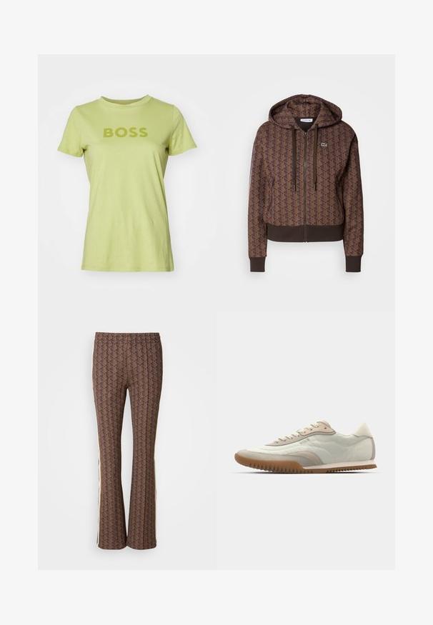 Sudadera con cremallera de color marrón con un patrón geométrico en toda la prenda, cordones ajustables, puños acanalados y un dobladillo en contraste. Logo de Lacoste en el pecho.; Camiseta de algodón verde claro con mangas cortas, escote redondo y la palabra "BOSS" impresa en un verde más oscuro, centrada en la parte frontal.; Pantalones acampanados marrón con un diseño texturizado y estampado, que presentan rayas laterales. Cintura elástica para mayor comodidad.; Zapatilla blanca y beige con una parte superior lisa y acentos de gamuza, suela texturizada y costuras en tonos. Cierre de cordones con detalle de logo.