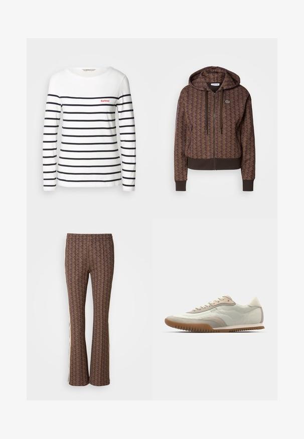 Hnědá zipová mikina s kapucí s celoplošným geometrickým vzorem, nastavitelnými šňůrkami, žebrovanými manžetami a kontrastním lemem. Logo Lacoste na prsou.; Bílé tričko s dlouhým rukávem a proužky, s vodorovnými námořnickými pruhy a malým červeným logem na hrudníku. Klasický kulatý výstřih.; Hnědé kalhoty s rozšířenými nohavicemi a texturovaným vzorem, s bočními pruhy. Elastický pas pro pohodlí.; Bílé a béžové sneakers s hladkým svrškem a semišovými detaily, strukturovanou podešví a tónovaným prošíváním. Šněrování s logem.